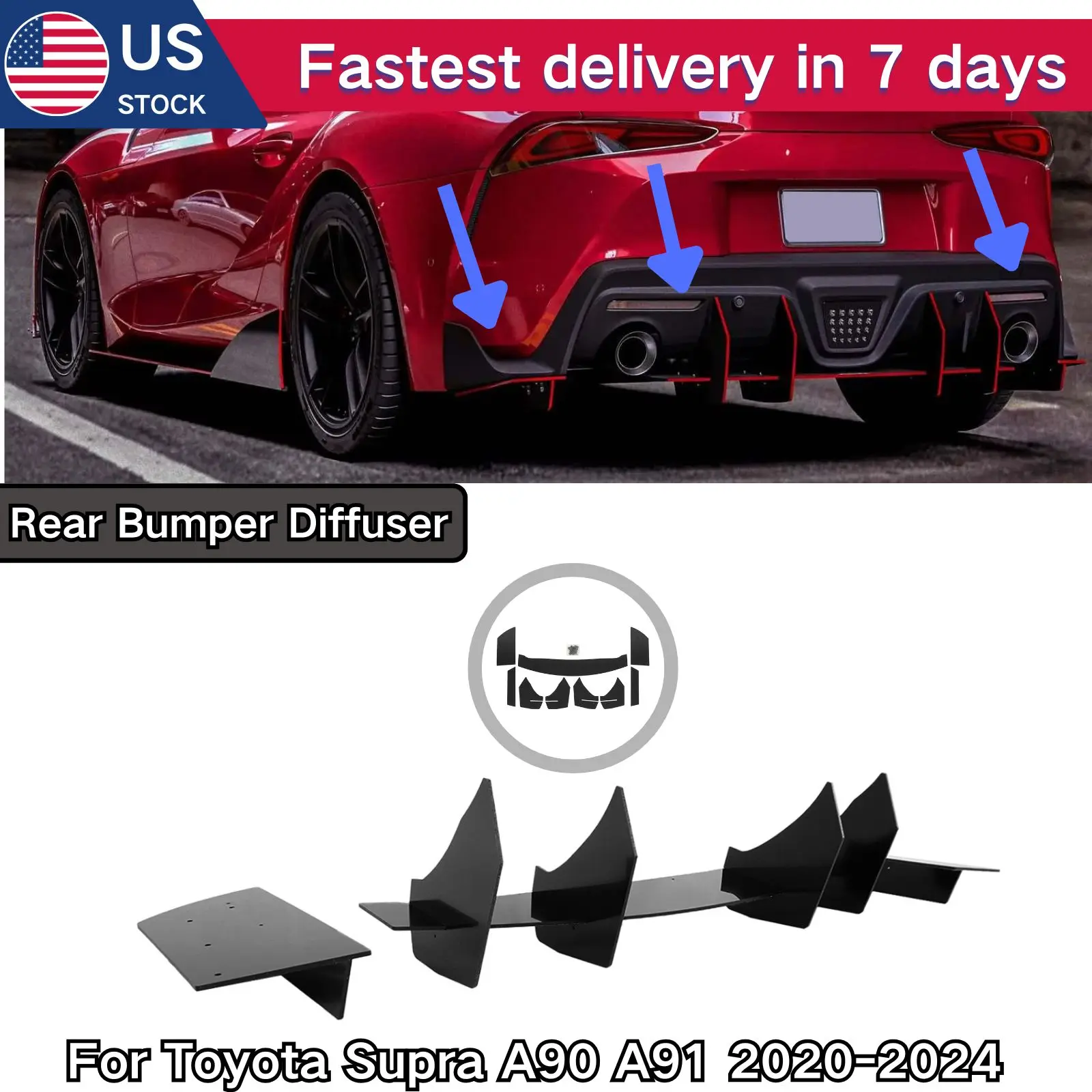 Rear Bumper Diffuser For Toyota Supra A90 A91 2020-2024 Glossy Black Black With Red Trim Body Kit Wind Blade Car Accessories