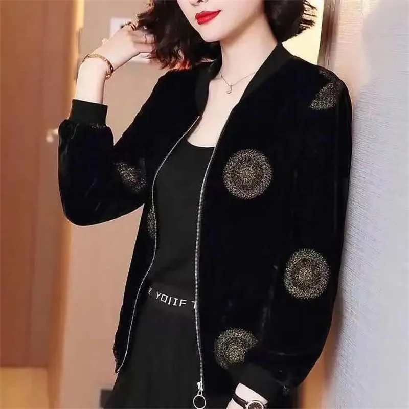 Leisure Golden Velvet Coat Women's Spring Autumn New Korean Loose Zipper Jacket Fashion Large Size Baseball Outwear Jacket 5XL