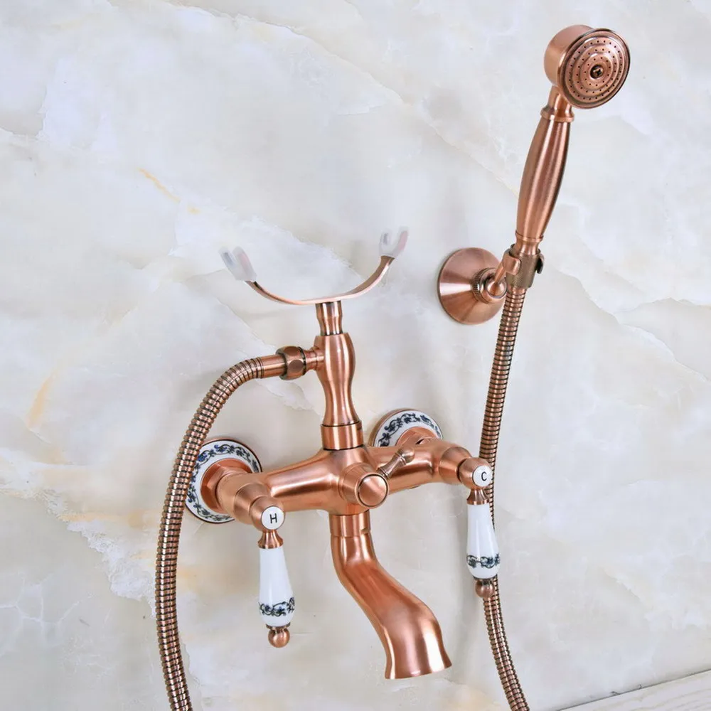 Antique Red Copper Double Handle Wall Mounted Bathroom Bath Tub Faucet Set with 1.5M Hand Held Shower Spray Mixer Tap 2na378