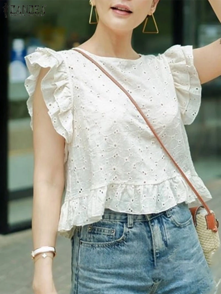 

ZANZEA Women Lace Cotton Ruffled Blouse Summer Short Sleeve Shirts 2025 Fashion Casual Tops Tunic Elegant Solid Color Blusas