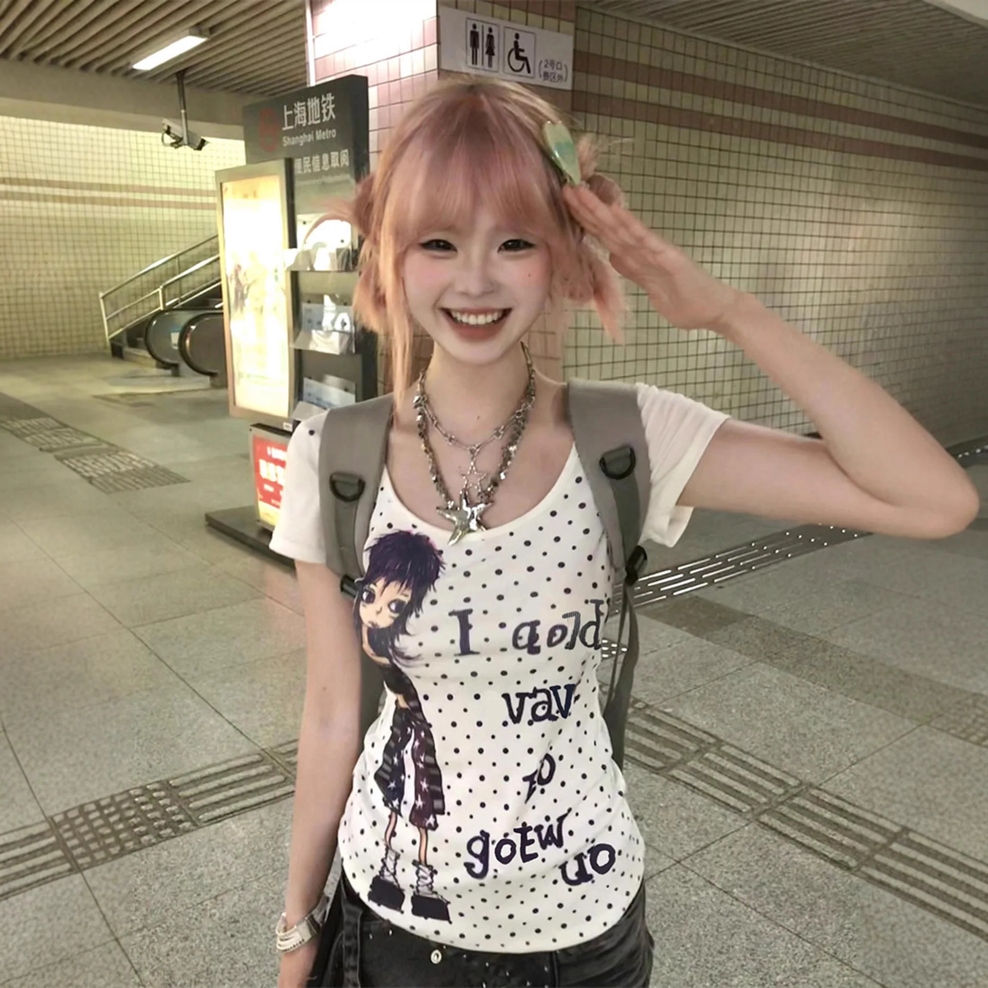 Spring and Summer Girl's Cute American Retro Subculture Polka Dot Letter Printed Short Sleeve T-shirt