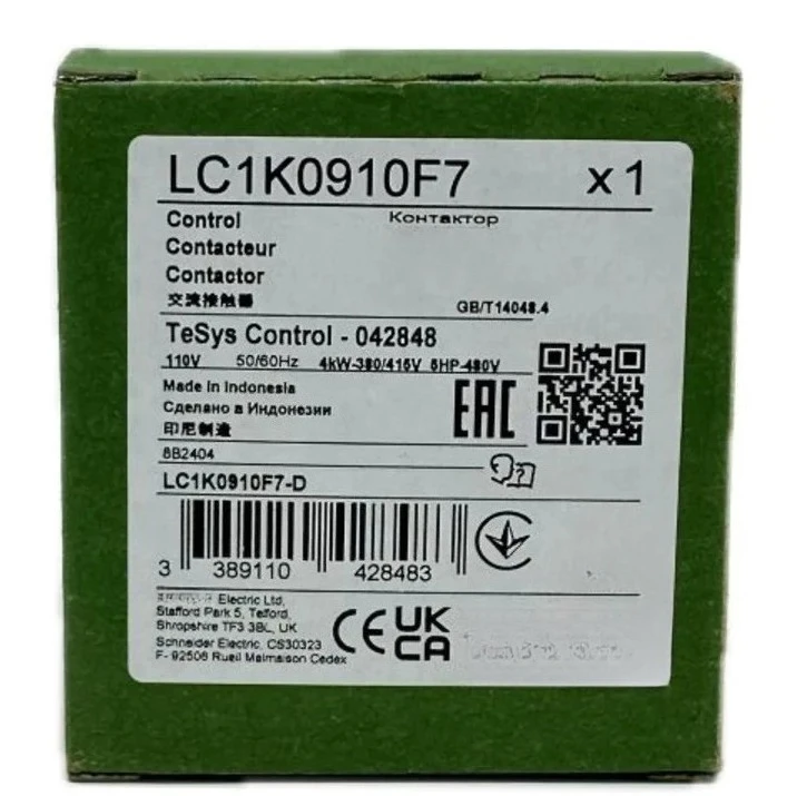 

Brand New Original LC1K0910F7 LC7K0910F7 contactor 3P AC 3 = 440 V 9 A 1 NO aux 110 V AC coil Fast delivery