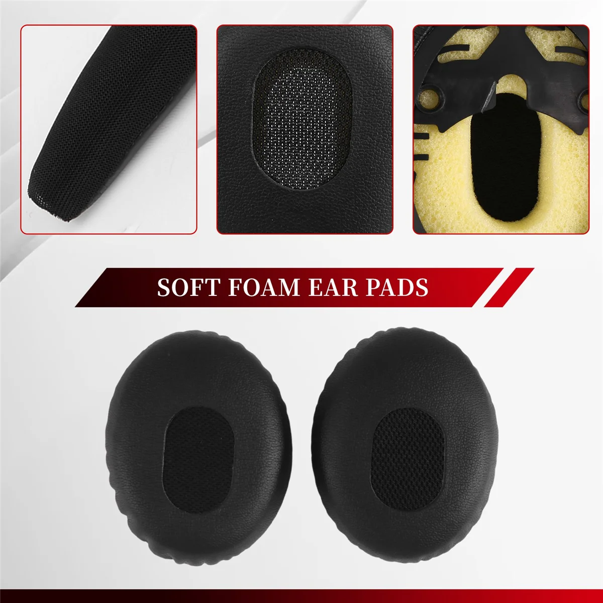 Um par de almofadas pretas com almofada de cabeça para fones de ouvido Bose QC3 Quiet Comfort 3 HY