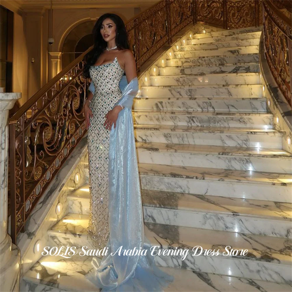 

Вечерние платья SOLIS Ice Blue с вырезом-лодочкой, без рукавов, в арабском стиле, с кристаллами, простые, на заказ