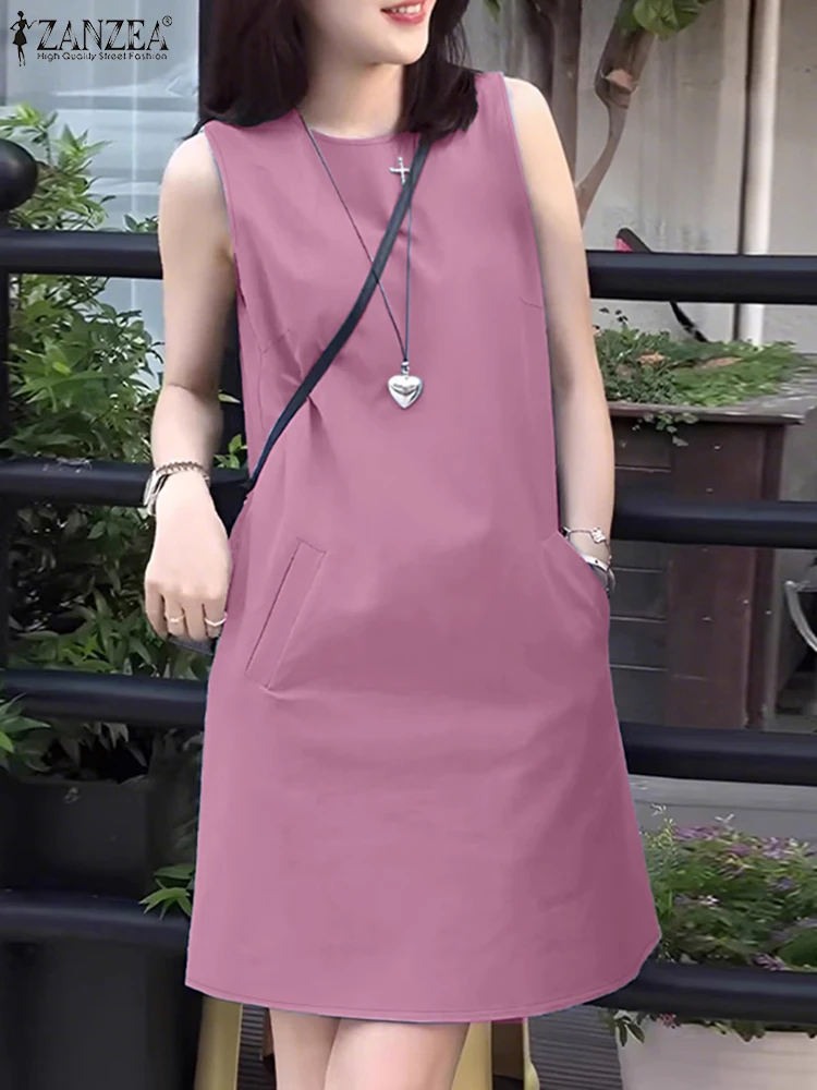 2023 ZANZEA Stilvolles Sommerkleid für Damen, ärmellos, Urlaub, knielang, Robe, elegant, lässig, Party, Arbeitskleider, solides Mini-Sommerkleid