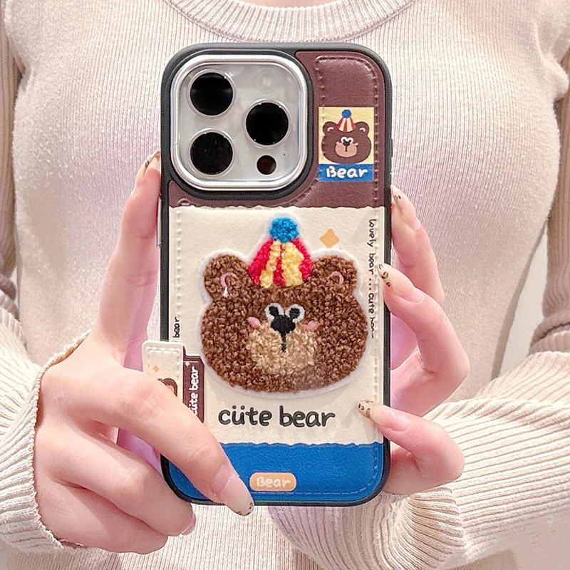 Cute Cartoon Embroidery Bear Dog Leather Case For iPhone 13 14 15 16 17 Pro Max Lovely Soft Silicone Phone Cover