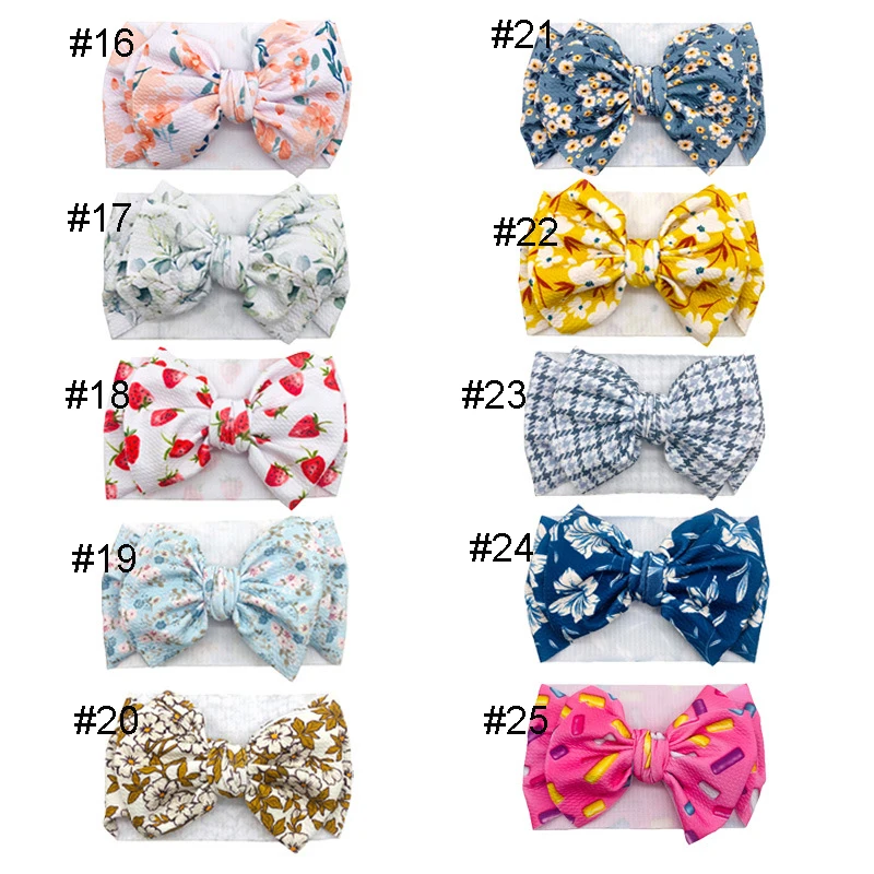 30pc/lot Large Knot Hair Bow Headband For Girls 2021 New Baby Floral Prints Waffle Fabric Bow Headbands Kids Adjustable Turban