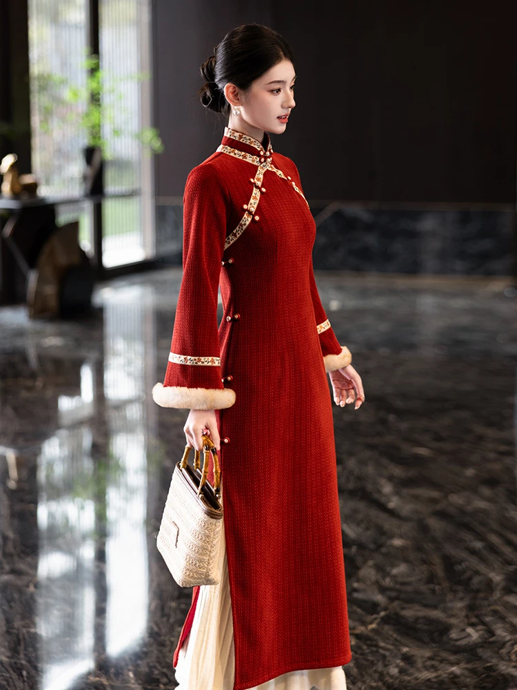 

Китайское красное ципао с длинными рукавами и юбкой в комплекте, утепленное, для свадьбы, помолвки и Нового года