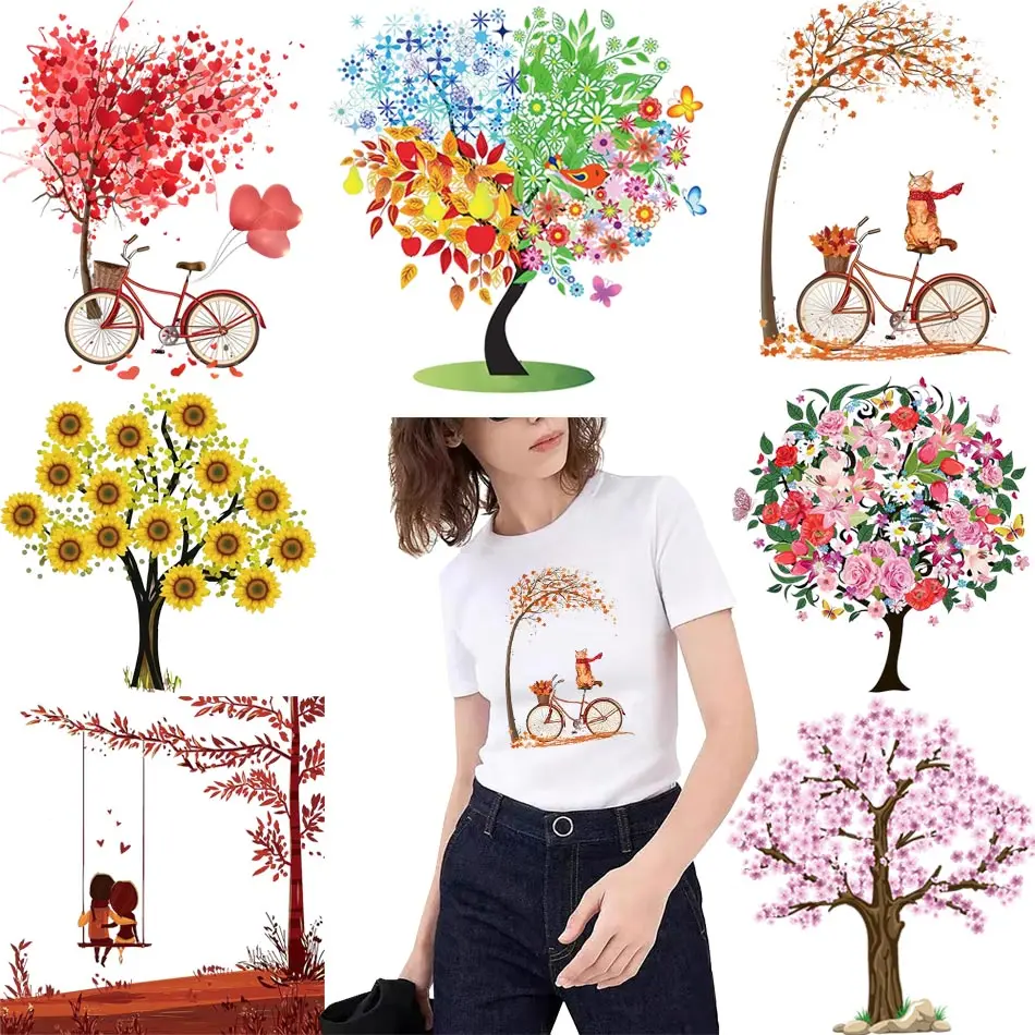 Beautiful Tree Heat Sticker On T-shirt DIY Washable Iron On Transfer For Clothing Color Leaves Patches On Clothes On Clothes Top