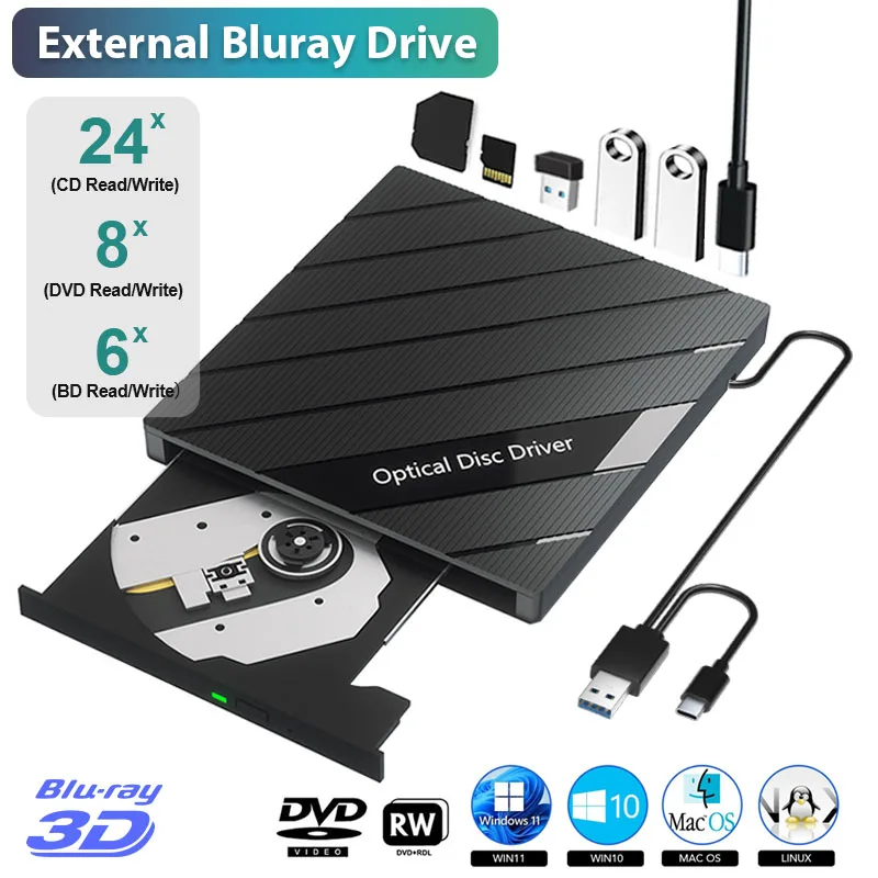 

Многофункциональный Внешний Оптический Привод Blu-Ray USB 3.0 портативный BD/CD/DVD -/+ RW проигрыватель рекордер для ноутбуков ПК Windows Mac