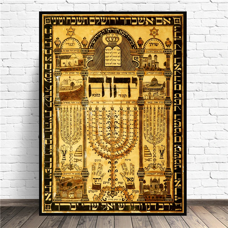 Plaque Print Kabbalah Amulet Hebrew Talisman Poster Home Blessing Protection Vintage Jewish Canvas Painting Decoration