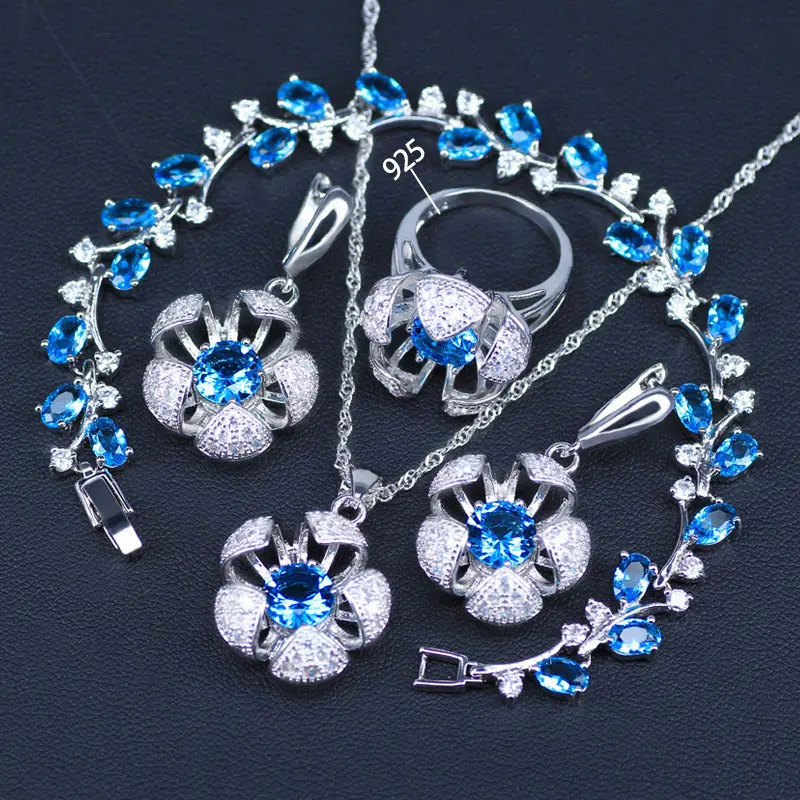 3D Flower Sky Blue Square Silver 925 Costume Jewelry For Women Drop Earrings Ring Necklace Bracelet Set