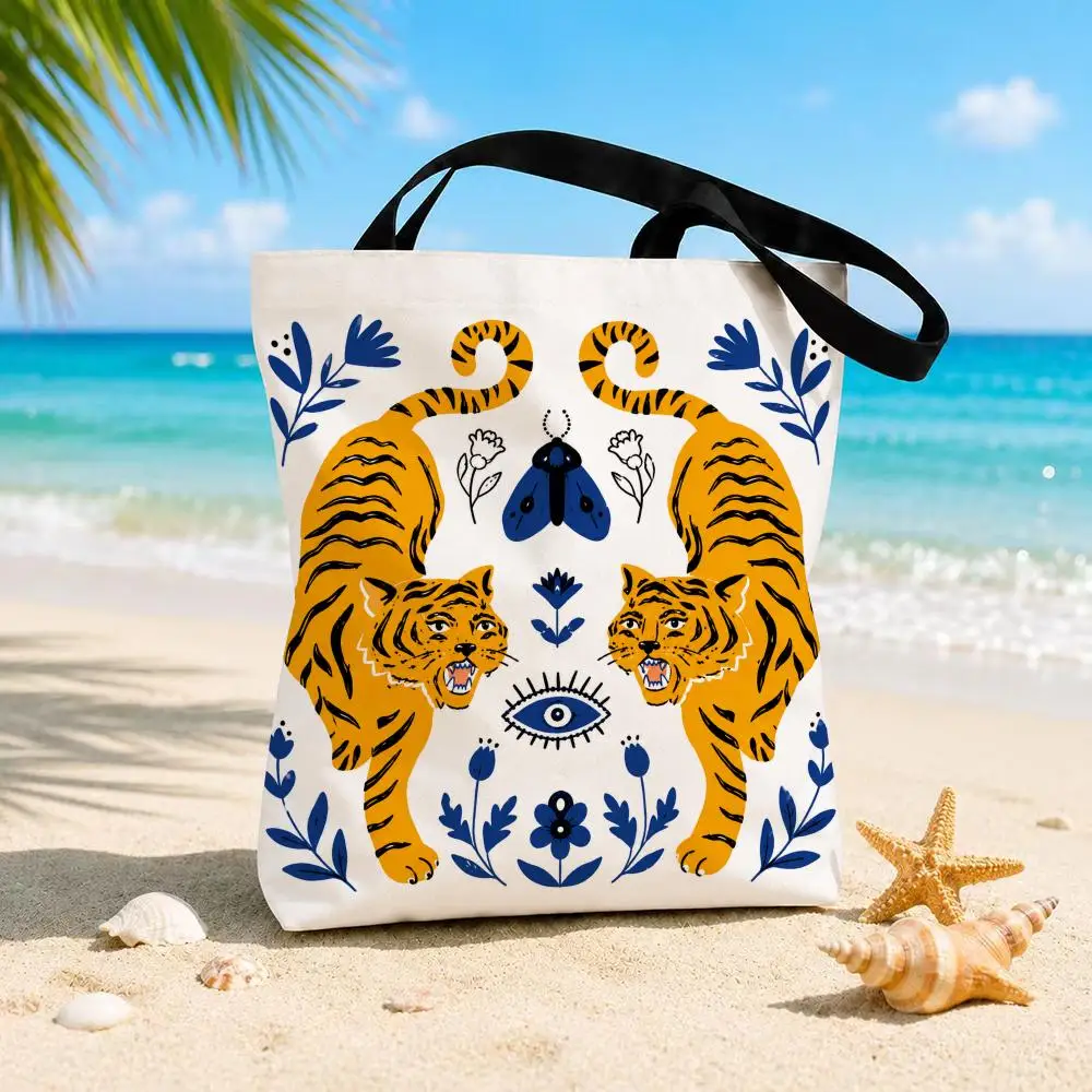Fashion Leopard Art Tiger Symmetry Storage Bags Beach Canvas Shoulder Tote Bag Double-Sided Print Handbag for Travel Picnic