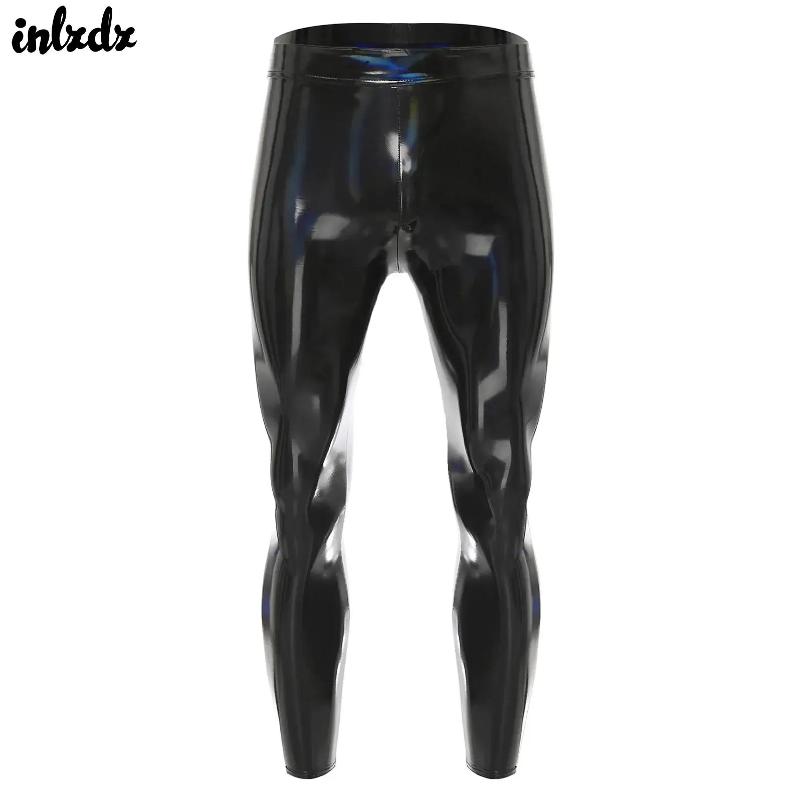 Mens Disco Tight Pants Oil-shiny Wet Look Pants Stretchy PU Leather Leggings Trousers Pole Dance Clothings Rave Party Clubwear