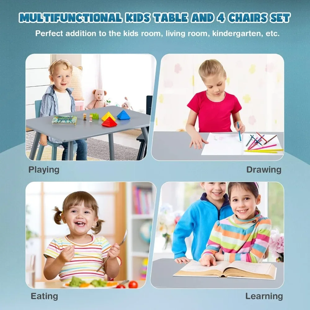 

Kids Table And Chair Set, Pine Wood Toddler Table And 4 Chair Set W/Building Blocks, 5 Pieces Children Furniture Set For Daycare