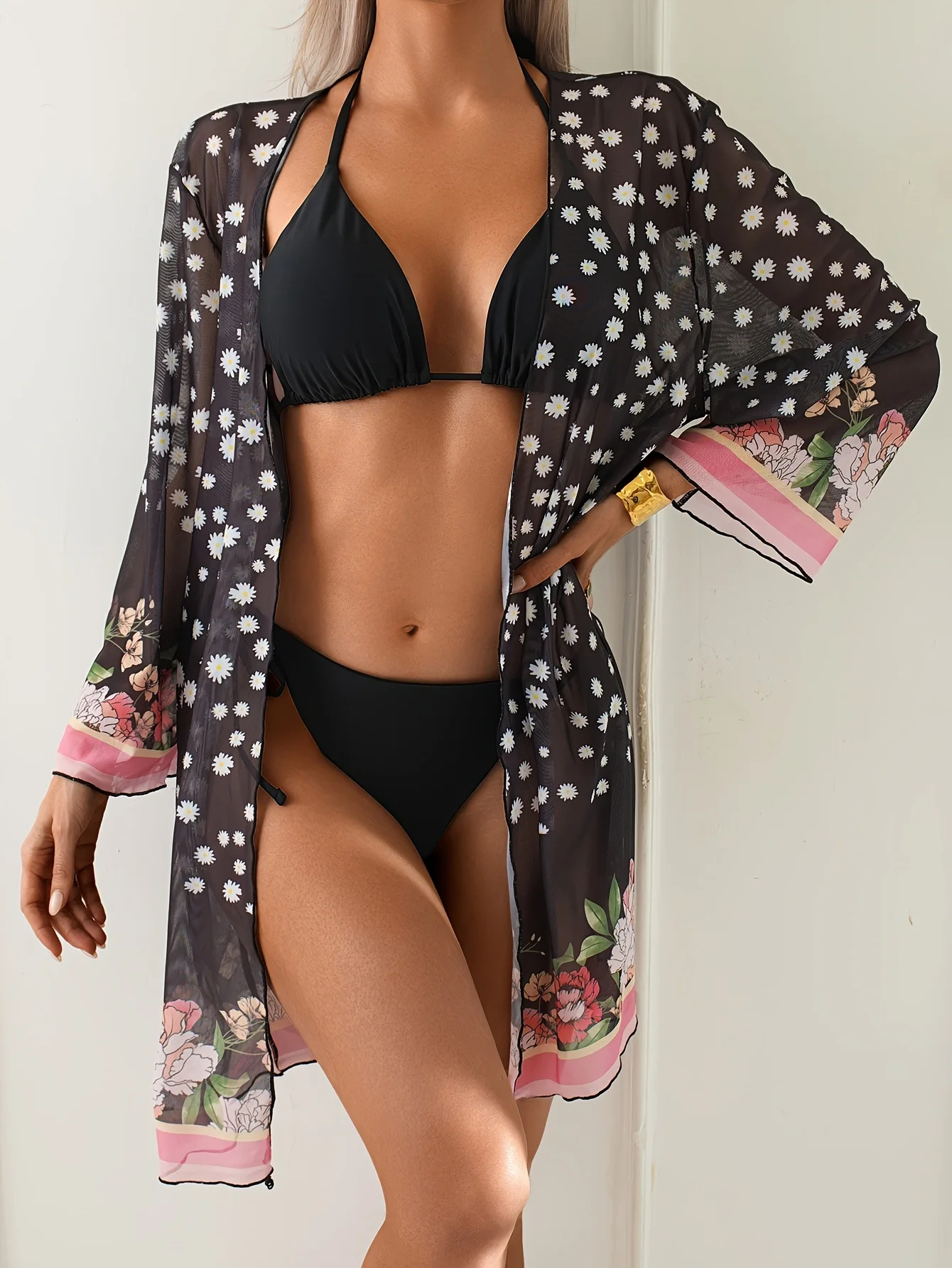 

2025 Women's 3-Piece Bikini Set with Long Sleeve Cover Up Sexy High Waist Swimsuit & Matching Sarong UV Protection Beach Out Set