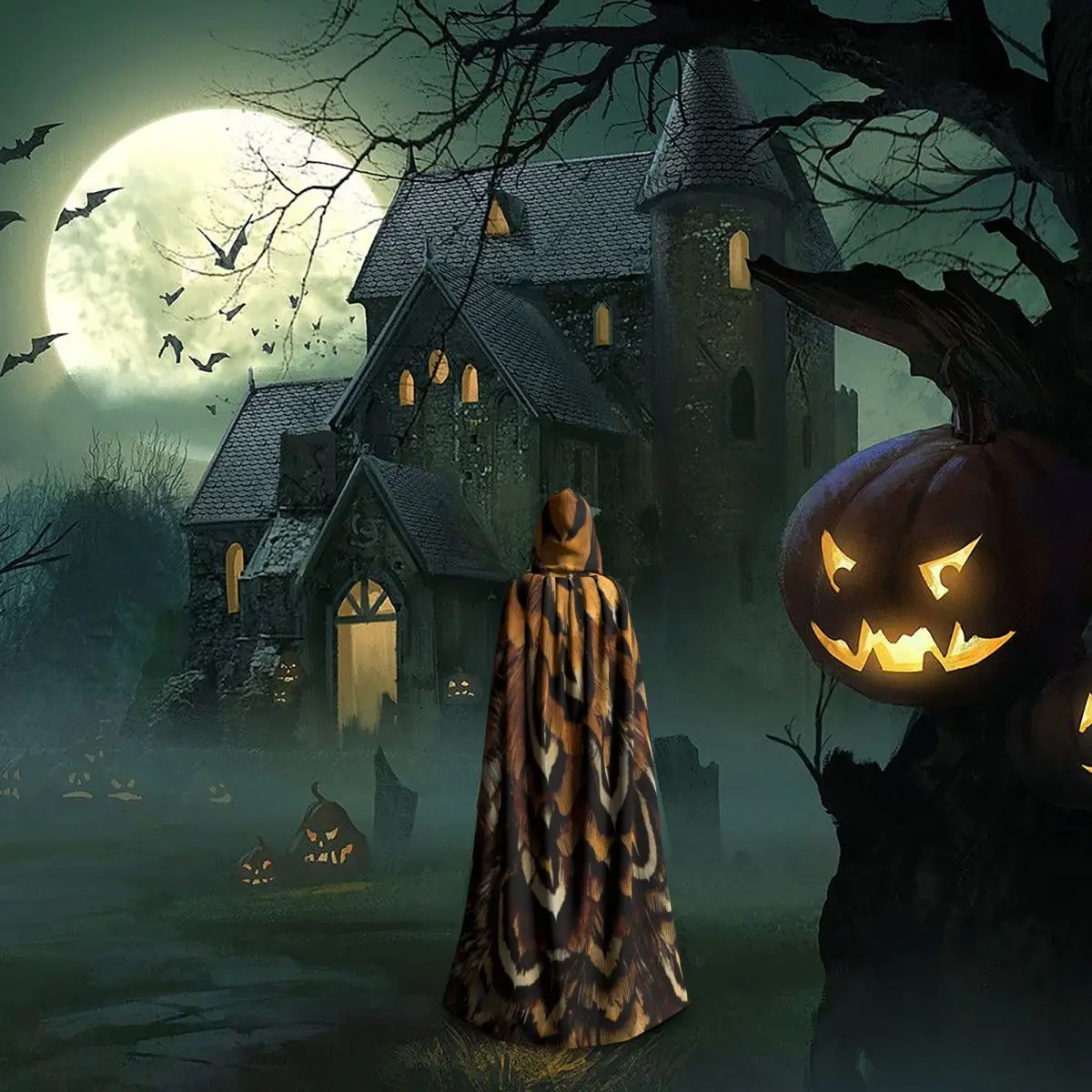 ريشة طويلة مقنعين عباءة الساحرة القرون الوسطى زي تأثيري كيب HalloweenParty الكبار للجنسين