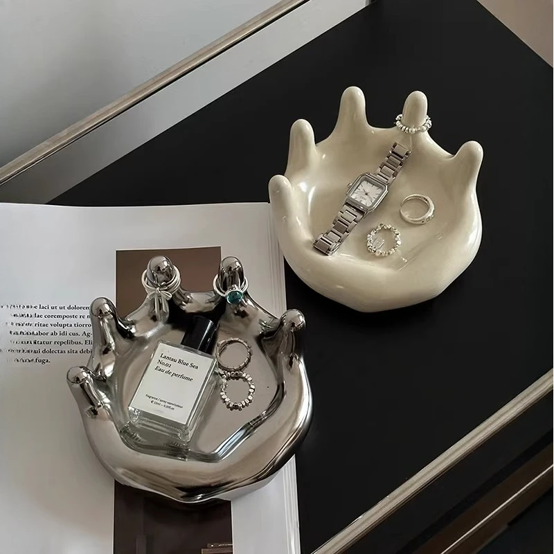 1Pc Nordic modern art palm-shaped ceramic tray, jewelry watch key storage plate, home decoration crafts