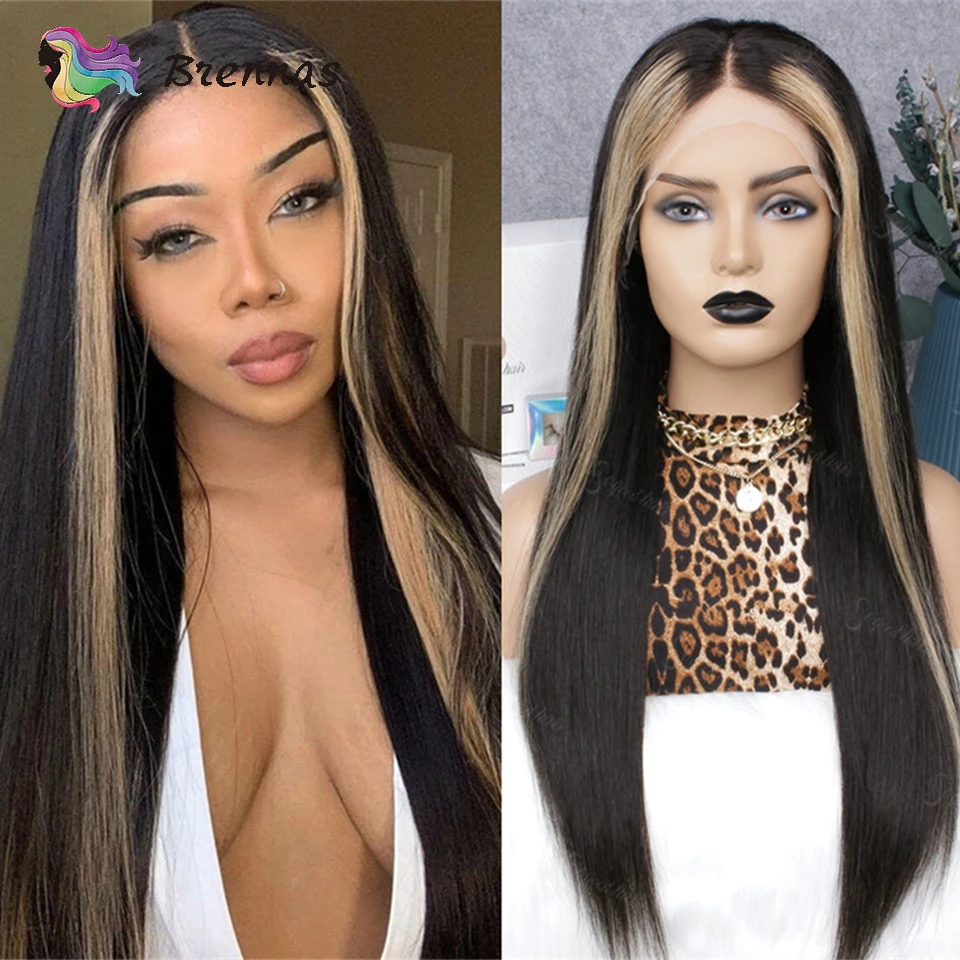 

Highlight Straight Lace Front Wig Honey Blonde Stripe Human Hair Lace Wigs For Women Straight Glueless Wig Human Hair Preplucked