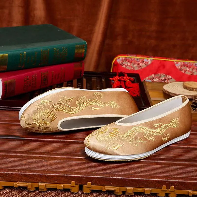 الكلاسيكية الصينية Hanfu التطريز الزفاف حذاء مسطح العروس الرجال النساء سلالة تانغ القطن مرحلة ملابس رقص الطرف الأحمر القديم