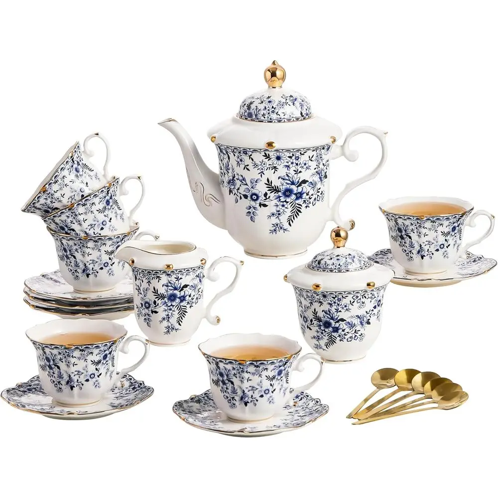 

TATSUMI Country Roses Porcelain Tea Set, European Ceic tea set or adults,Vintage Style, or Women and Tea Parties (BLUE, 21 Piece