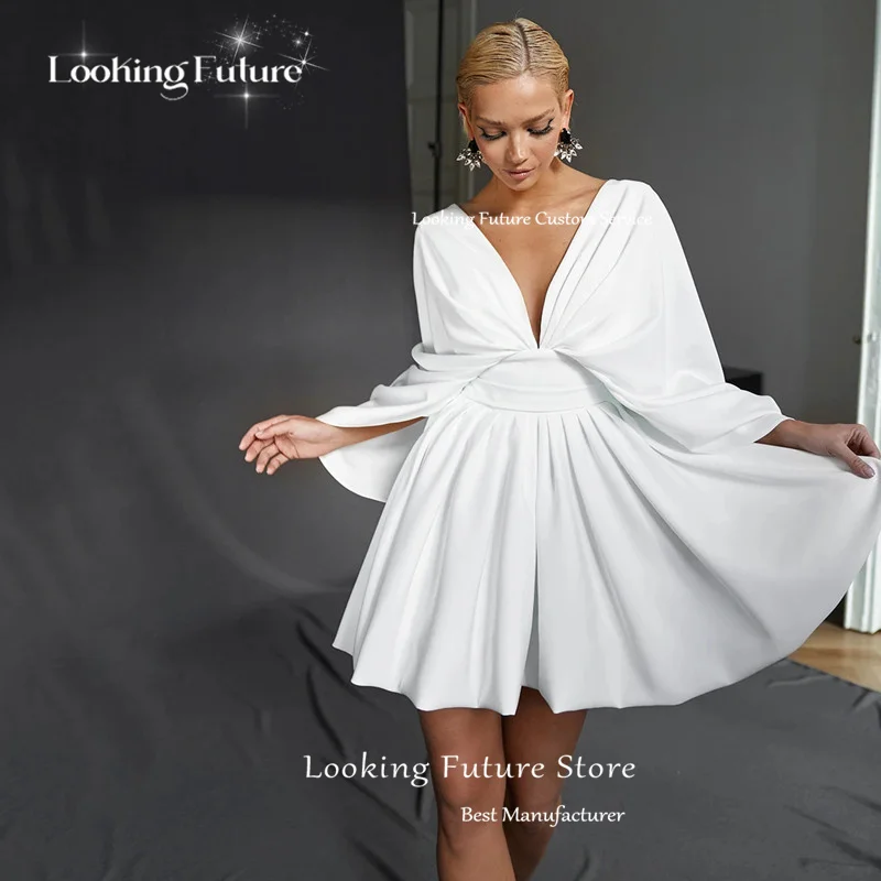 Mini robe de mariée en satin personnalisée, col en V profond, dos ouvert, à lacets, plissée, manches longues chauve-souris, robe de mariée courte, moderne, sexy, 2024