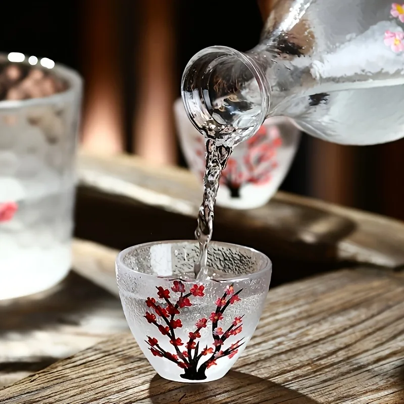 Hand-Painted Sake Set with Hammered Texture and Cherry Blossom Design Including A Sake Cup and A Sake Pot Home Dining Room Decor
