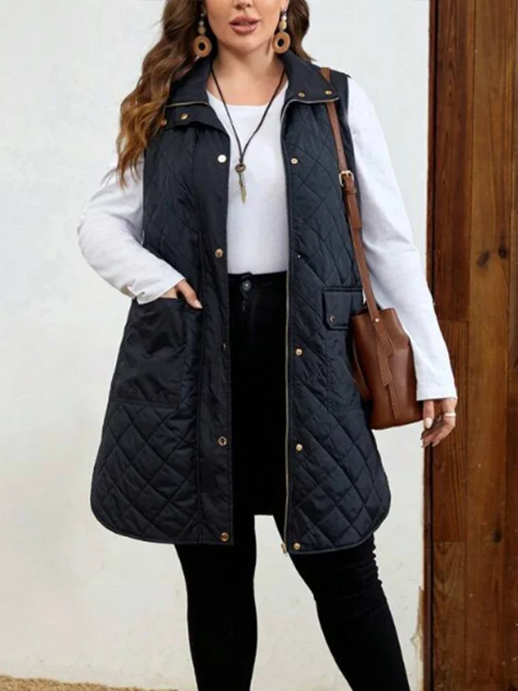 Kobiety Plus Size Parkas Vest Zipper Fly Casual Vintage Office Lady Turn Down Collar Pockets Winter Autumn Vest Jacket Coats 2024