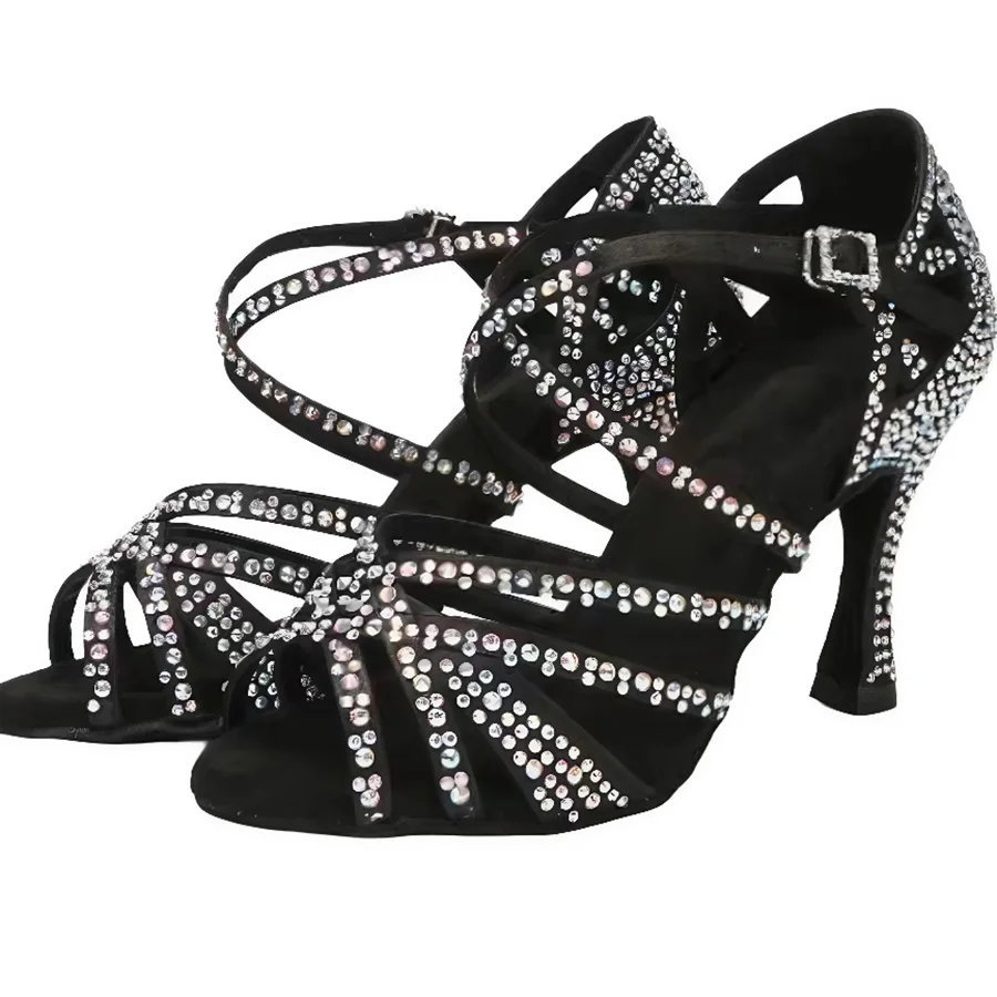 

USHINE Women Party Dance Shoes Satin Shining rhinestones Soft Bottom Latin Dance Shoes Woman Salsa Dance Shoes heel