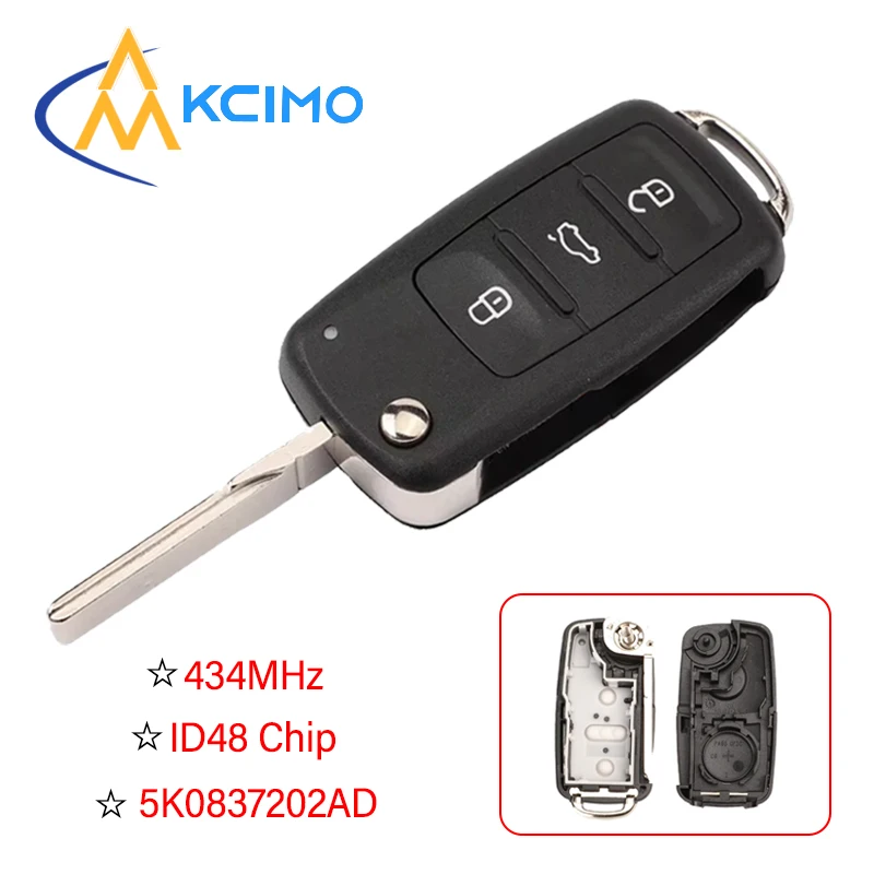 

Kcimo Keyless Remote key 434MHz ID48 Chip 5K0837202AD/202Q for VW Golf Tiguan Polo Passat CC SEAT Skoda Mk6 Octavia Jetta Beetle