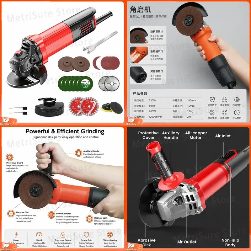 Angle Grinder 800W 1300W 2000W Variable Speed Corded Angle Grinder with Safety Guard Wrench Grinding Discs Cutting