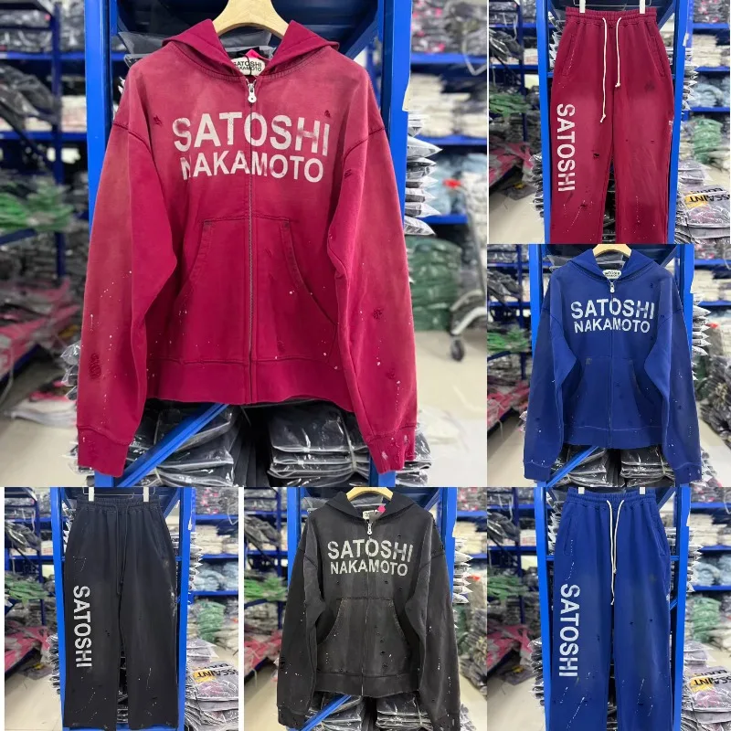 American Style Trend Satoshi Nakamoto Hooded Cardigan Set Autumn Winter Worn Out Worn Out Men Women Sweatpants 2 Piece Outfit