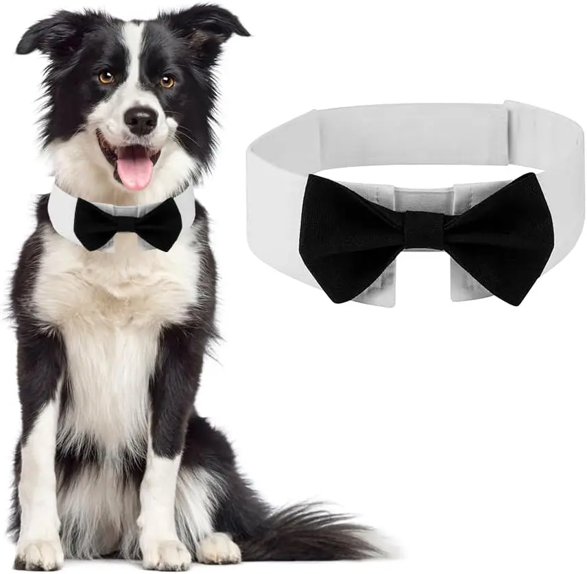 Elegant Dog Bow Tie Cute Tuxedo Bowtie with Adjustable White Collar for Formal Pets Perfect for Valentines Weddings Birthdays