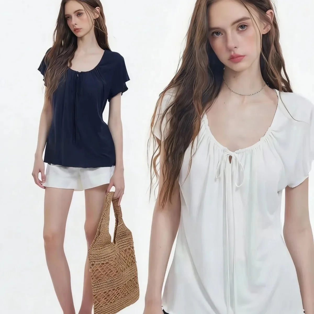Somenie Loose Vacation Women Short Sleeve Tee Pleated Tie Slim Top Korean European Style Fashion T-shirt