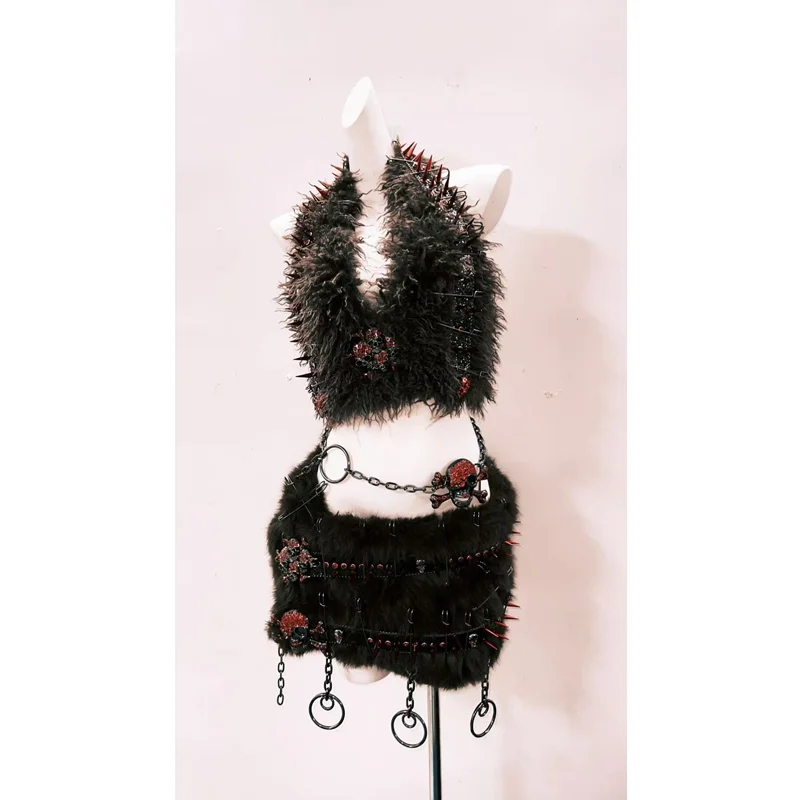 2025 Autumn New Punk Rock Dark Gothic Rivet Fluffy Women's Vest Original Design Sweet Cool Sexy Mini Skirt Short Sets Ladies