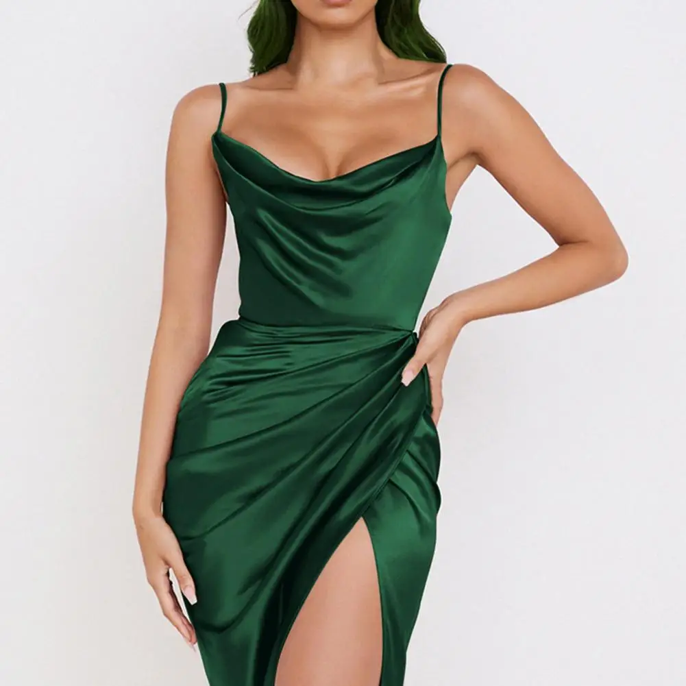 

Midi Sling Satin Dress Split Adjustable Strap Ruched Cowl Neck Asymmetrical Zipper Party Dress Elegant Sexy Woman Dresses