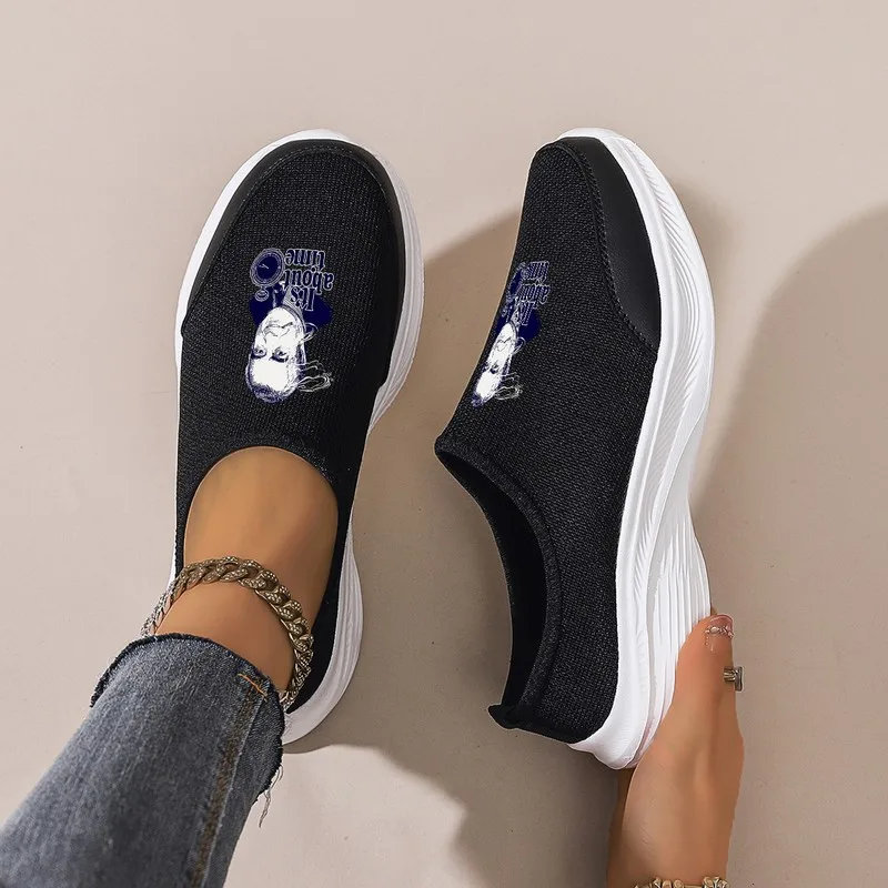 

Women's Black Slip-On Platform Casual Shoes: Breathable Mesh with Cartoon Print. Lightweight for Daily Commute & Outdoor Walks.