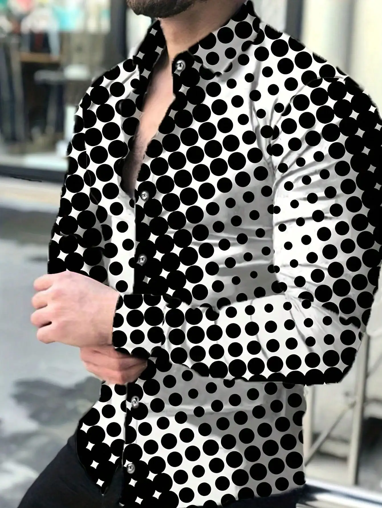 

Men's Black and White Polka Dot Print Casual Long Sleeve Shirt, Fall