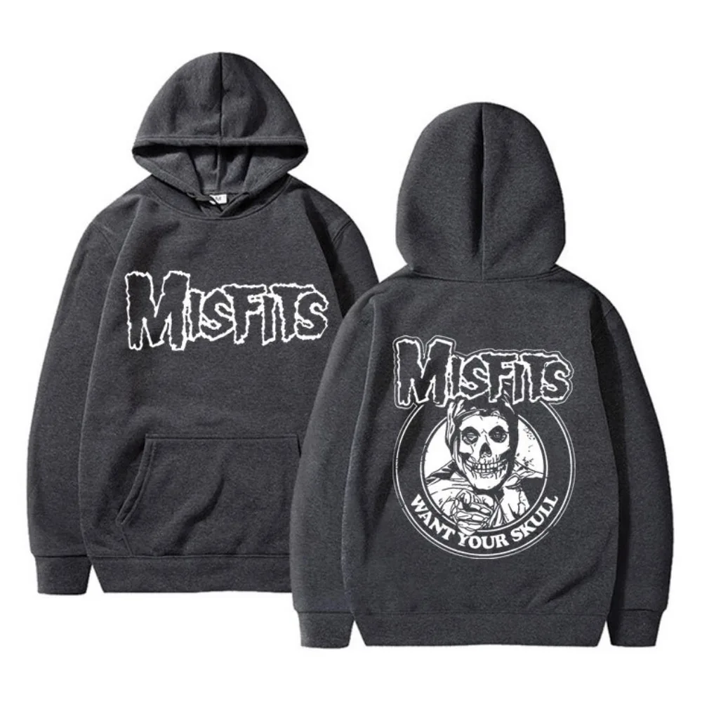 Horror Punk Misfits Skull Graphic Print Hoodie Men Gothic Vintage Loose Hoodies Male Fleece Cotton Clothes Men's Rock Sweatshirt