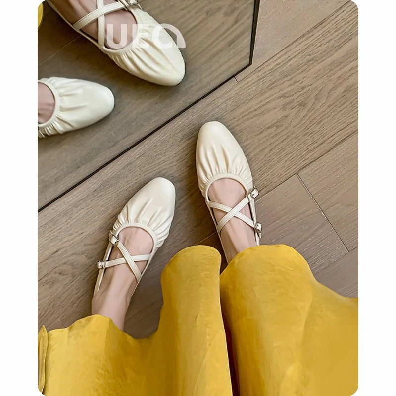

Women's Soft Ballet Flats Lamb Leather Mary Jane Shoes French Style Cross Strap Flat Shoes for Dressing Gentle and Elegant