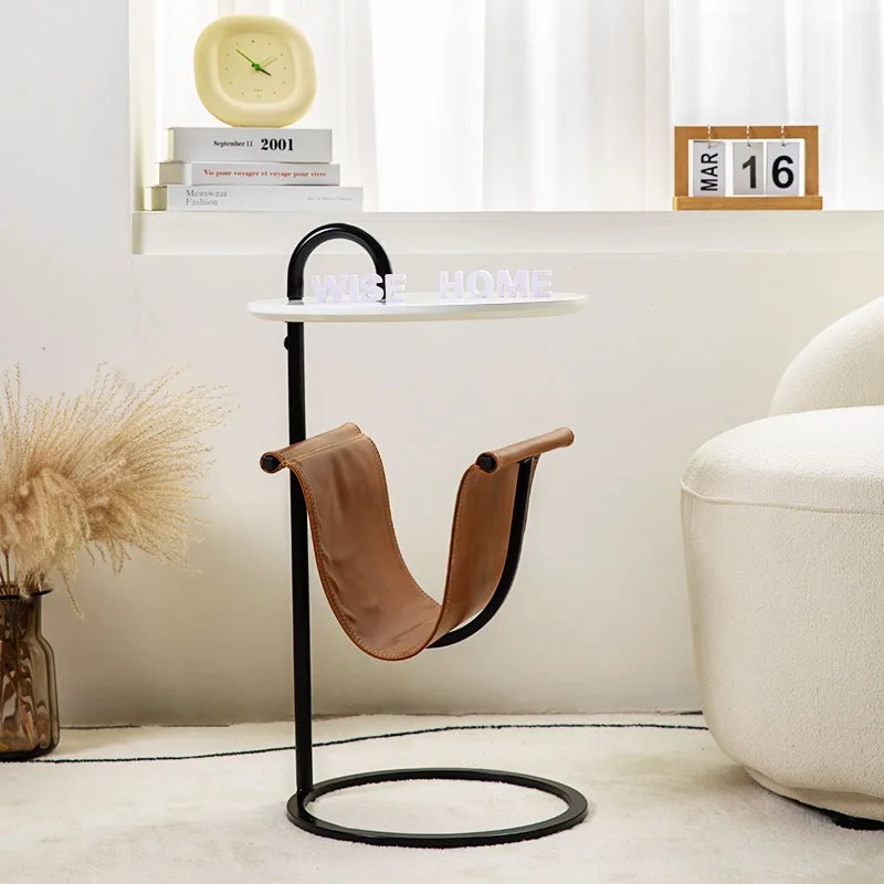 #k for Luxury Multi-Functional Sofa Side Table Metal Frame Leather Storage Pocket Circular Base End Table for Living Room*