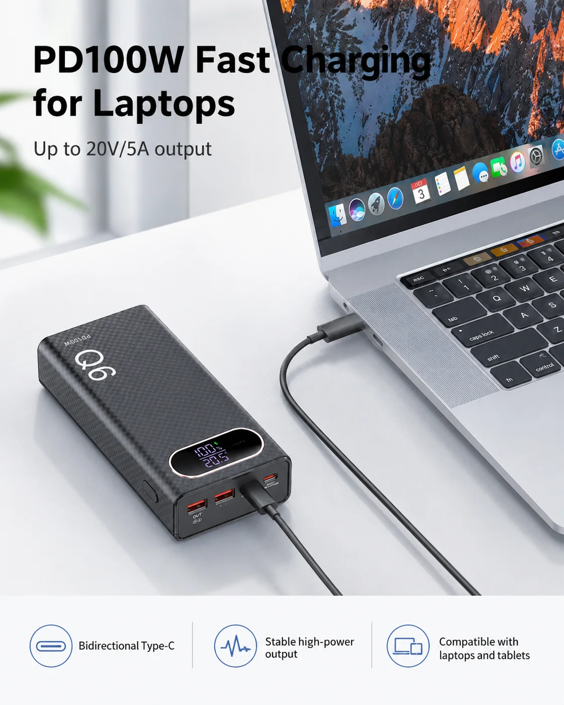 Digital Display DIY Power Bank Shell Q6 PD100W, Solder-Free Housing Designed for 6 Flat Top 21700 Batteries