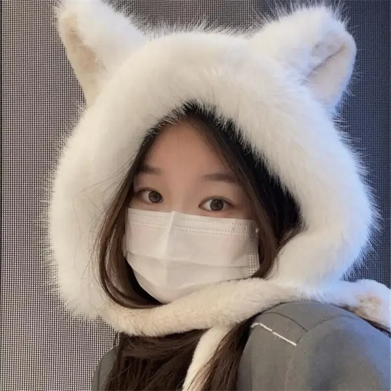 Cute Winter Thickened Fox Ears Scarf Hat Sets Women Sweet Japanese Kawaii Plush Ear Protection All-in-one Hooded Warm Gloves