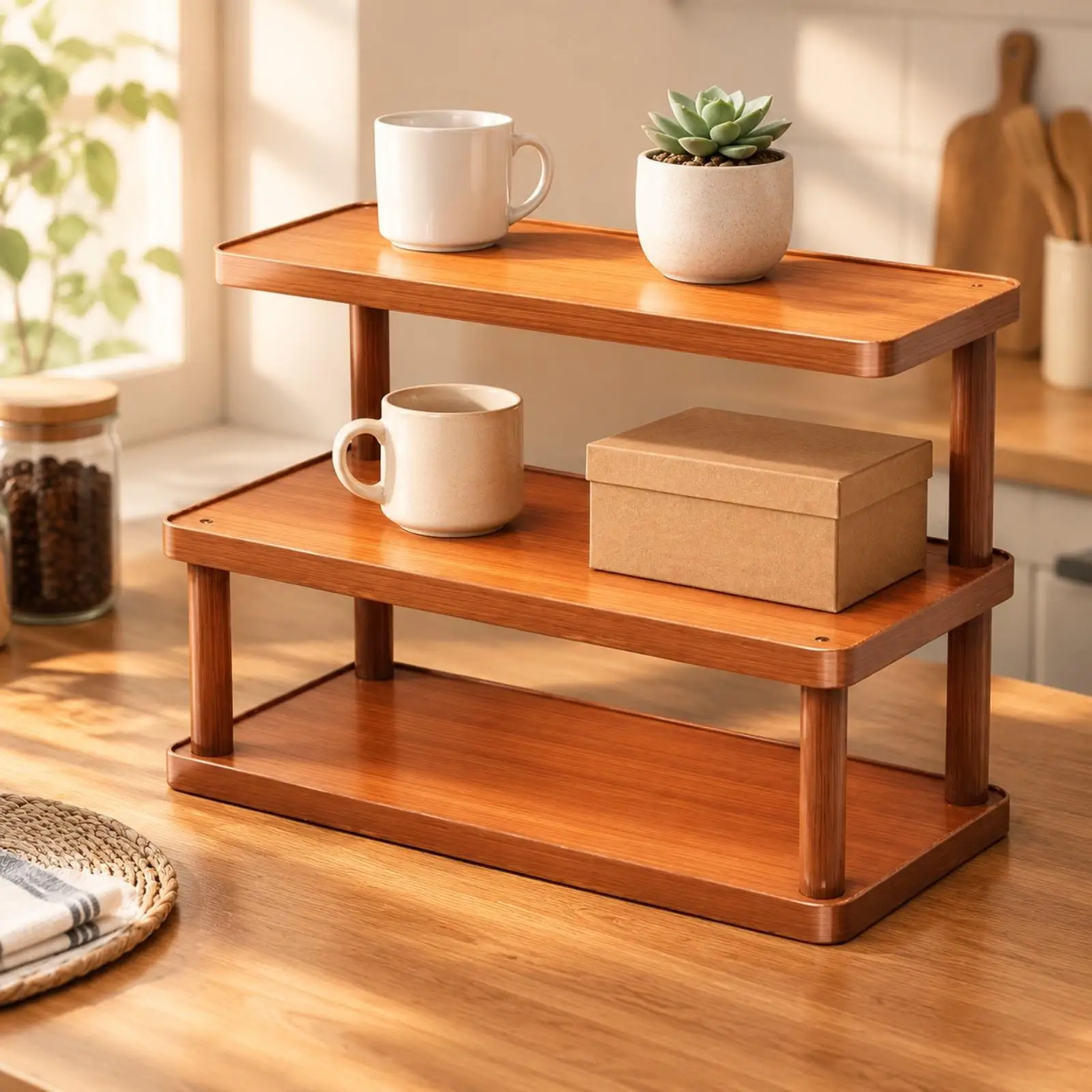 Compact Bamboo Finish Desk Shelf with 14 Cm Depth for Office Desk Organizer and Plant Display Stand