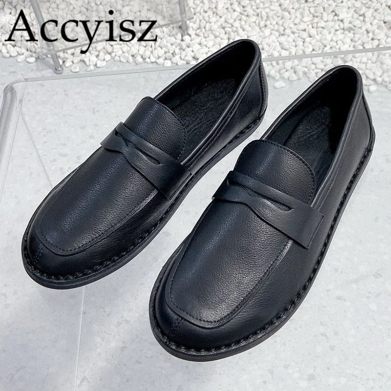 

Spring Autumn New Genuine Leather Solid Color Simple Flat Shoes Women's Comfortable Loafers Outdoor Leisure Commuter Shoes 2024