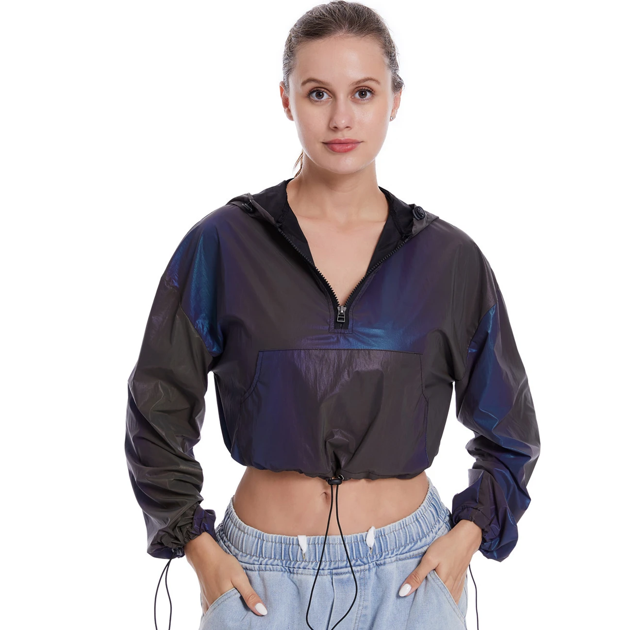 Colorful Reflective Short Jackets Women Jogging Riding Night Light Road Safety Crop Top Pullover Harajuku Hoodies Sweatshirt