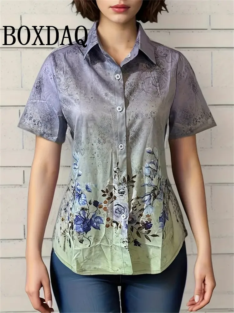 Summer Chic Women\'s Lapel Short-Sleeved Loose Shirts Spring Single-Breasted Tops Casual Flower Printed Blouses Women\'s Clothing