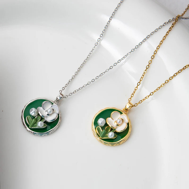 ANENJERY 316L Stainless Steel Colorful Drop Oil Flower Heart Necklace for Women Girls Vintage French Delicate Jewelry Gifts