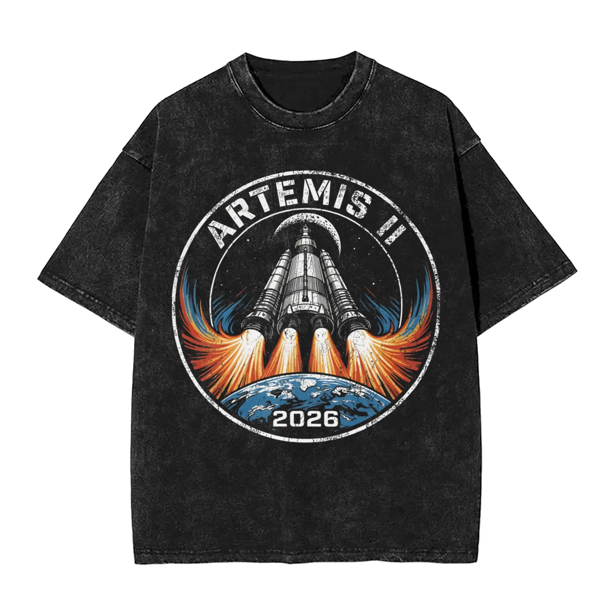 Washed T Shirt Artemis II 2026 Moon Mission Hip Hop Fashion T-Shirt Oversize Streetwear Short Sleeve Printed Tops Tees Men Women