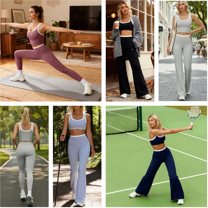 VITALINOVO Women 2 Piece Workout Sets Color Block Sports Bra Tank Tops Matching High Waist Wide Leg Pants Women Gym Outfit Sets